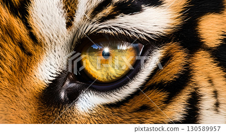 Intense tiger eye capturing its piercing gaze and striking patterns of fur in a close up shot Intense tiger eye capturing its piercing gaze and striking patterns of fur in a close up shot 130589957