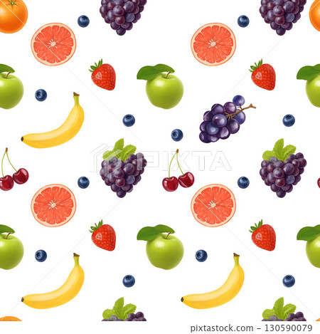 Seamless fruit pattern featuring various colorful fruits on a white background. Includes green apples, strawberries, bananas, cherries, bunches of grapes, blueberries, grapefruit slices, and oranges 130590079