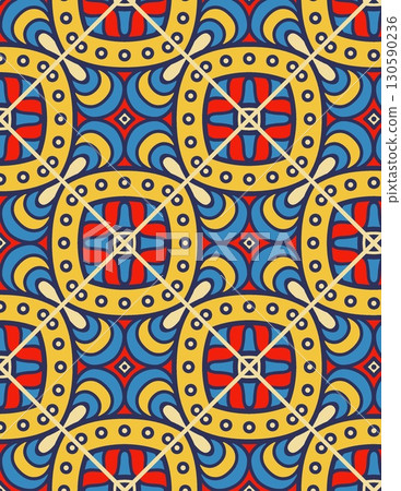 intricate geometric pattern with bold primary colors and circular motifs in a repetitive tile design intricate geometric pattern with bold primary colors and circular motifs in a repetitive tile design 130590236