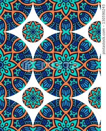 intricate geometric tile pattern featuring floral motifs and vibrant colors in a seamless design 130590243