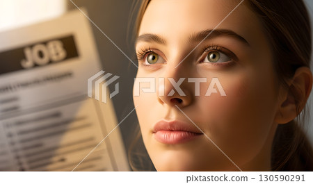 Focused woman contemplates job application highlighting opportunities while seeking better 130590291