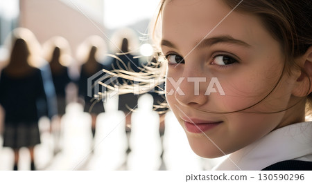 A young girl looks back over her shoulder, with schoolmates blurred behind in bright sunlight on 130590296