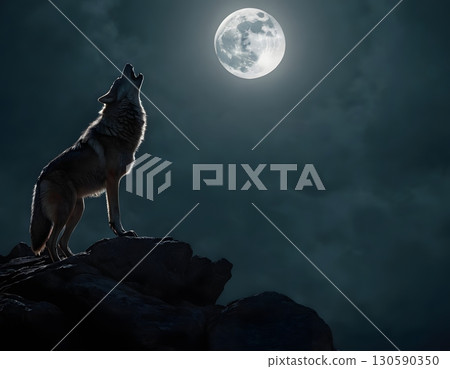 Wolf howling at full moon on rocky hill with dramatic night sky. for book covers, posters Wolf howling at full moon on rocky hill with dramatic night sky. for book covers, posters 130590350