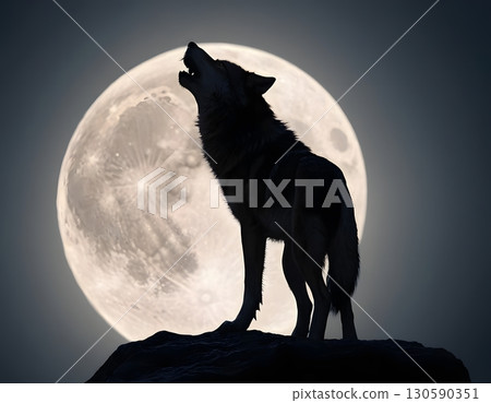 Wolf howling at full moon on rocky hill with dramatic night sky. for book covers, posters Wolf howling at full moon on rocky hill with dramatic night sky. for book covers, posters 130590351