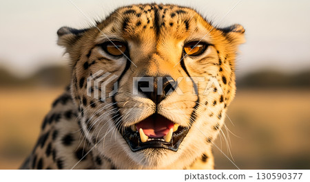Intimate portrait unveils the stunning visage of a cheetah emphasizing its mesmerizing eyes and Intimate portrait unveils the stunning visage of a cheetah emphasizing its mesmerizing eyes and 130590377