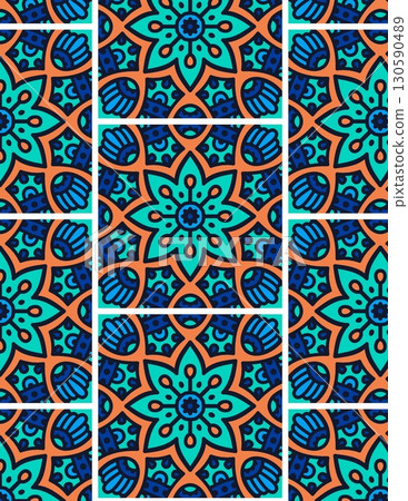 intricate tile pattern with geometric floral motifs in vibrant blue and orange hues 130590489