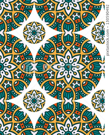intricate geometric tile pattern with floral and angular motifs in vibrant colors 130590492
