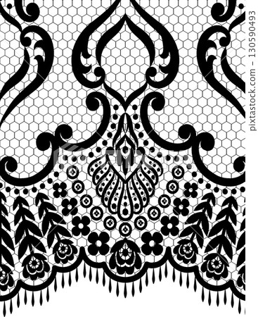 intricate black lace pattern with floral and ornate details on a honeycomb background 130590493