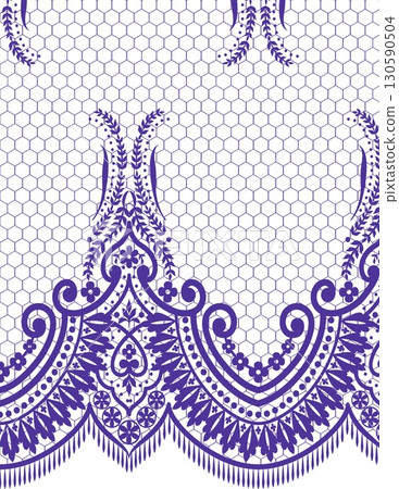 intricate purple and white lace pattern featuring floral and geometric designs for textile or decoration use 130590504