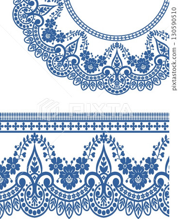 intricate blue lace embroidery pattern featuring floral and geometric motifs intricate blue lace embroidery pattern featuring floral and geometric motifs 130590510