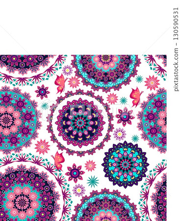 intricate mandala pattern with colorful floral designs and butterflies 130590531