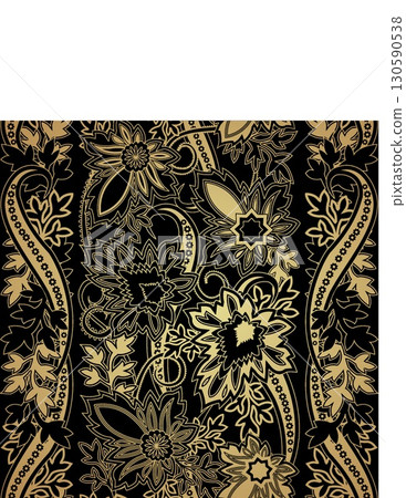 intricate floral pattern with gold and black color scheme for textile design or wallpaper 130590538
