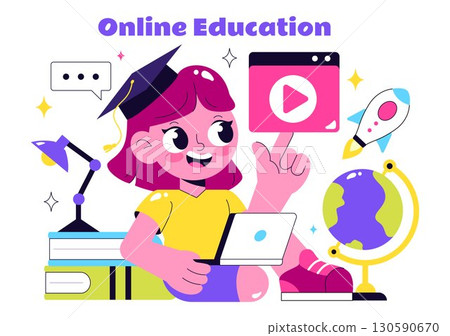 Online Education for Kids Vector Illustration featuring Knowledge Books, School Supplies, and Learning Materials in a Flat Style Cartoon Background 130590670
