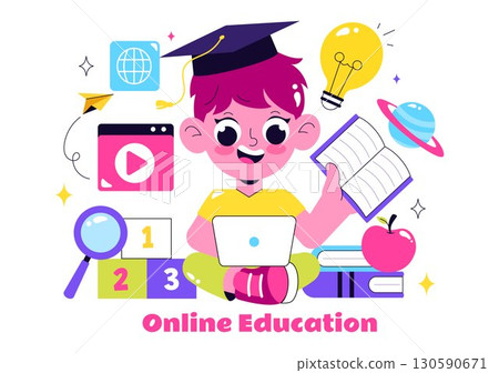 Online Education for Kids Vector Illustration featuring Knowledge Books, School Supplies, and Learning Materials in a Flat Style Cartoon Background 130590671