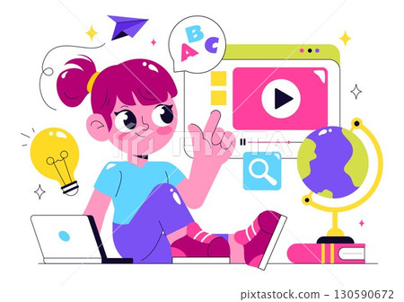 Online Education for Kids Vector Illustration featuring Knowledge Books, School Supplies, and Learning Materials in a Flat Style Cartoon Background 130590672