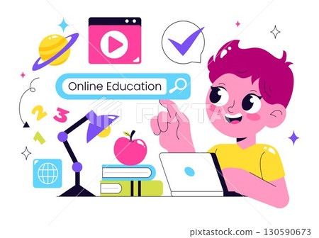 Online Education for Kids Vector Illustration featuring Knowledge Books, School Supplies, and Learning Materials in a Flat Style Cartoon Background Online Education for Kids Vector Illustration featuring Knowledge Books, School Supplies, and Learning Materials in a Flat Style Cartoon Background 130590673