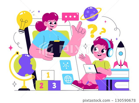 Online Education for Kids Vector Illustration featuring Knowledge Books, School Supplies, and Learning Materials in a Flat Style Cartoon Background 130590678