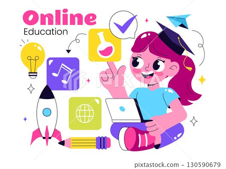 Online Education for Kids Vector Illustration featuring Knowledge Books, School Supplies, and Learning Materials in a Flat Style Cartoon Background 130590679