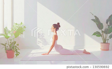Illustration of a woman doing yoga, Generative AI, AI image 130590692