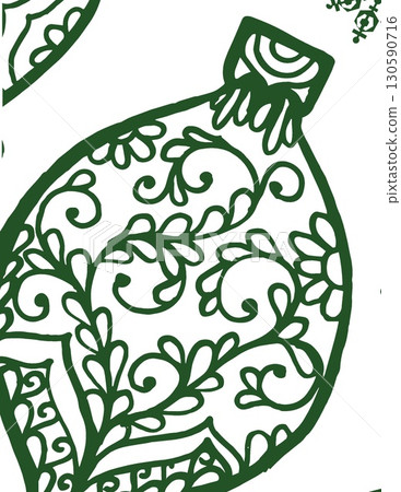 intricate green line art of a decorative bottle with floral patterns and symmetrical design 130590716