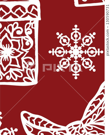 intricate white lace patterns and snowflake designs on deep red background 130590731