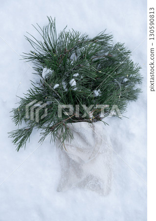 Reusable shopping bag with fir spruce green branches in snowy outdoor winter forest background. Merry Christmas and new year concept. Natural bouquet greeting card copy space 130590813