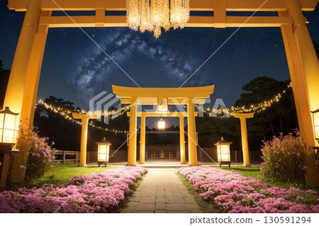 The shrine approach lined with pink flowers 130591294