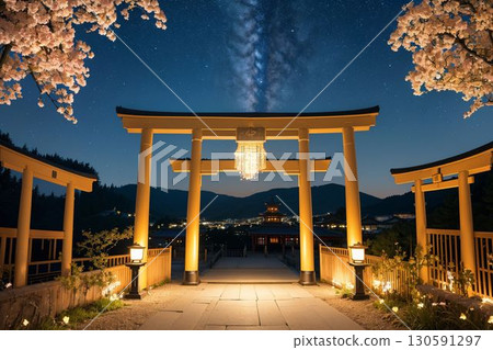 Mysterious night cherry blossoms and torii gates overlooking the city lights 130591297