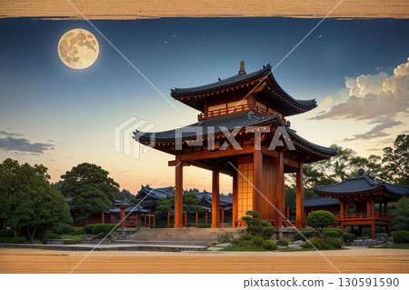 滿月和星空的美麗夜景以及雄偉的日本建築 130591590