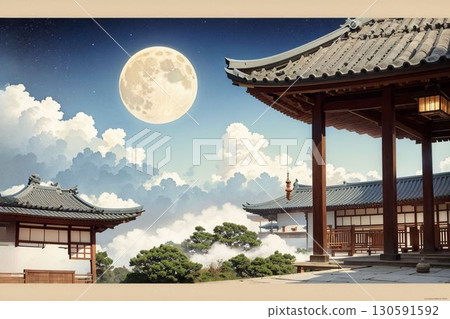 夜空中閃耀的滿月和雄偉的積雨雲 130591592