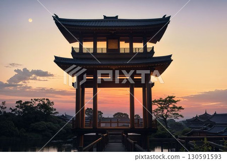 美麗的亭子矗立在水面上，天空被夕陽染紅 130591593