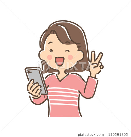 一位年輕女子手持智慧型手機，面帶微笑，做出和平手勢（彩色） 130591805