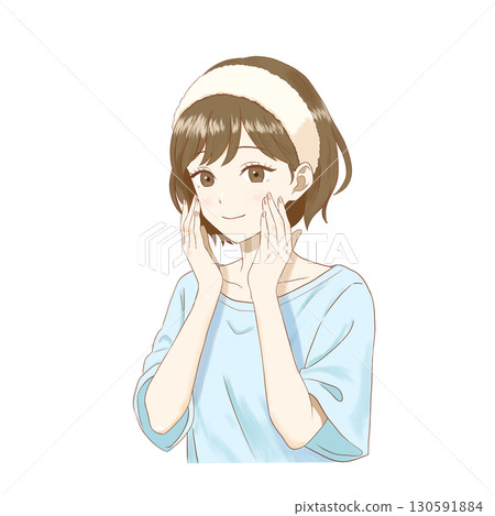 Anime-style woman wearing a headband doing skin care on a transparent background 130591884