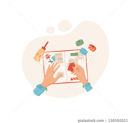 Hands of children engaged in creative scrapbook activity using glue and tools for decoration. DIY craft project on a flat surface. Concept of fun and creative learning in school. Hands of children engaged in creative scrapbook activity using glue and tools for decoration. DIY craft project on a flat surface. Concept of fun and creative learning in school. 130592021