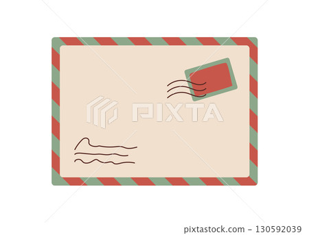 Flat postcard with envelope and stamp for message delivery and correspondence. Creative holiday design featuring love themes, ideal for invitations greeting cards. 130592039