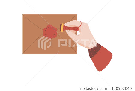 Woman hand sealing letter with wax seal on envelope. Flat design of handwritten message and postal elements. Concept of communication, love, and holiday themes, suitable for invitations or greeting Woman hand sealing letter with wax seal on envelope. Flat design of handwritten message and postal elements. Concept of communication, love, and holiday themes, suitable for invitations or greeting 130592040