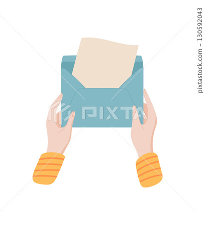 Hand hold envelope containing a letter or message. Concept of love and correspondence, flat style, suitable for communication and stationery themed projects. 130592043