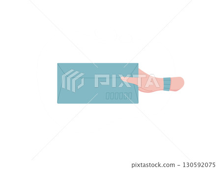 Envelope held by hand, symbolizing mail and message for correspondence. Flat style design, ideal for creative projects, stationery themes, and invitations. 130592075