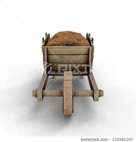 Rustic Wooden Wheelbarrow Filled with Soil Isolated on White Background. 3D Illustration. File with Clipping Path Rustic Wooden Wheelbarrow Filled with Soil Isolated on White Background. 3D Illustration. File with Clipping Path 130592107