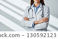 Confident Female Doctor with Stethoscope and Crossed Arms in a Bright, Modern Clinical Setting with Window Shadows, Perfect for Healthcare Advertising and Medical Industry Websites. 130592123