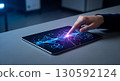 Human hand touching a glowing futuristic tablet screen displaying abstract blue and purple data waveforms and hexagonal networks, perfect for illustrating AI, big data, and digital innovation concepts 130592124