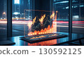 Futuristic holographic display with glowing orange business charts showing financial growth and data analysis in a modern office at night, ideal for tech and finance websites or corporate presentation 130592125