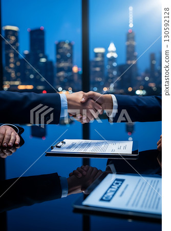 Two business professionals shaking hands over a contract document on a reflective desk in a modern high-rise office with a blurred city skyline at night, perfect for illustrating partnership, success, 130592128