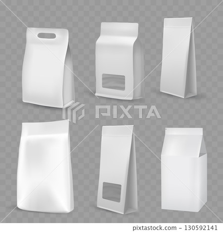 Realistic 3D white blank food packaging bags and pouches mockup. Vector 130592141