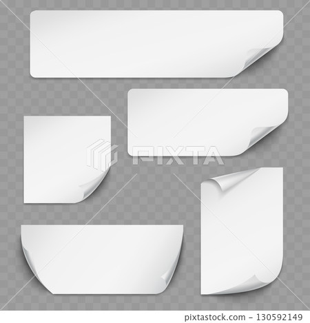 Realistic blank white stickers with peeling edges effect set. Vector 130592149