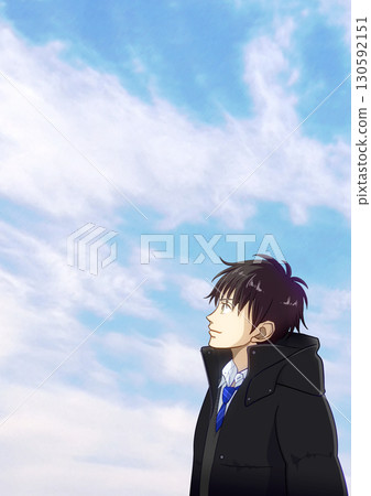 Anime-style illustration of a high school or junior high school boy looking up at the sky on a clear winter day, with space on the left Anime-style illustration of a high school or junior high school boy looking up at the sky on a clear winter day, with space on the left 130592151