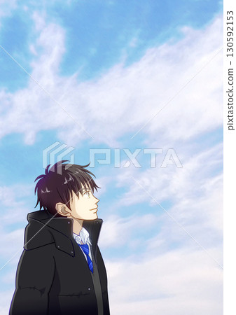 Anime-style illustration of a high school or junior high school boy looking up at the sky on a clear winter day, with white space on the right Anime-style illustration of a high school or junior high school boy looking up at the sky on a clear winter day, with white space on the right 130592153