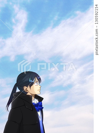 Anime-style illustration of a high school or junior high school girl looking up at the sky on a clear winter day, with space to the right Anime-style illustration of a high school or junior high school girl looking up at the sky on a clear winter day, with space to the right 130592154