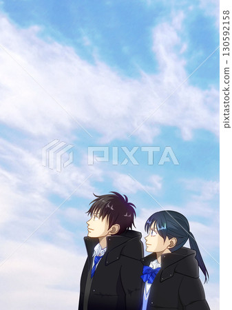 一幅動漫風格的插圖，描繪了晴朗的冬日里，高中或初中男生和女生仰望天空的場景 130592158