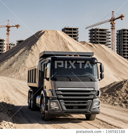 dump truck against the background of multi-story buildings under construction, construction concept 130592188